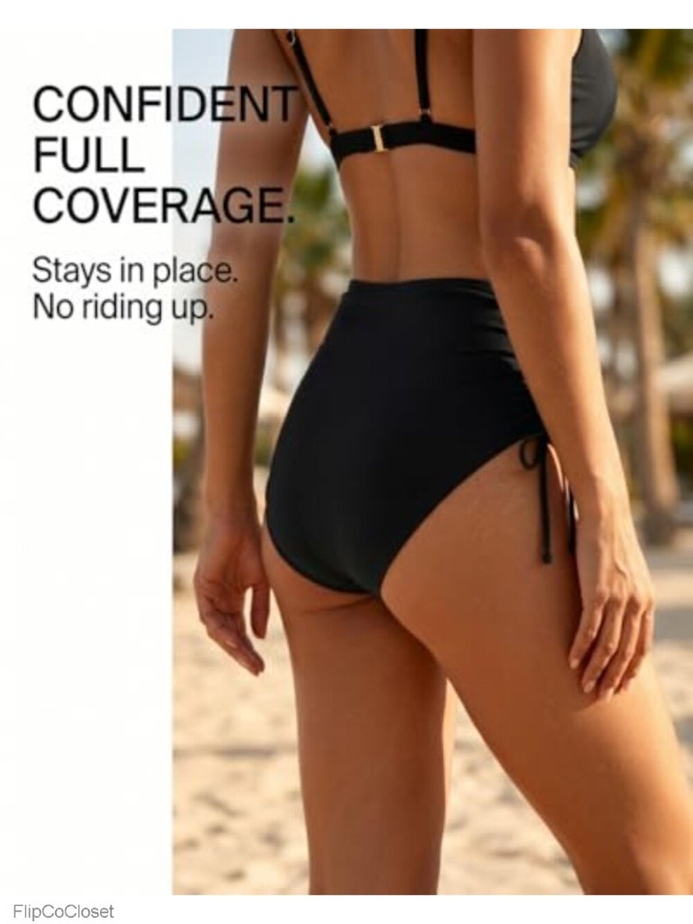 High Waisted Bikini Bottom Tummy Control Ruched Drawstring Side Full Coverage - Picture 2 of 6